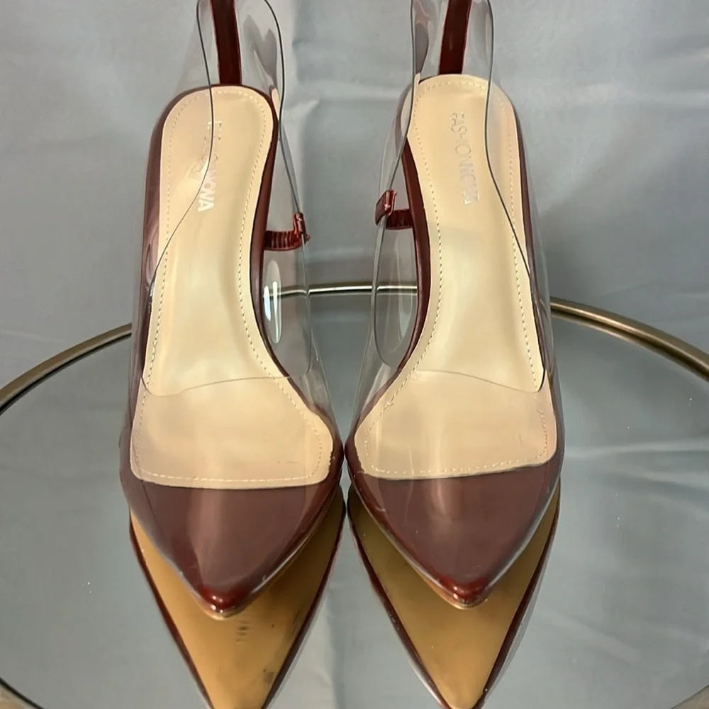 FASHION NOVA women’s size 8.5 stiletto high heels. Clear see through… EUC